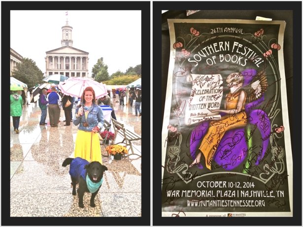 Otis and I at War Memorial Plaza (left), and the beautiful 2014 poster, signed by all the authors (right)! Check out the name in the lower, middle, right area... so cool!